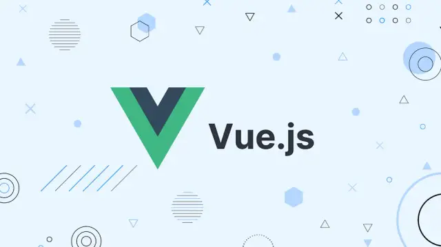 Vue.js logo on a light blue background with geometric shapes
